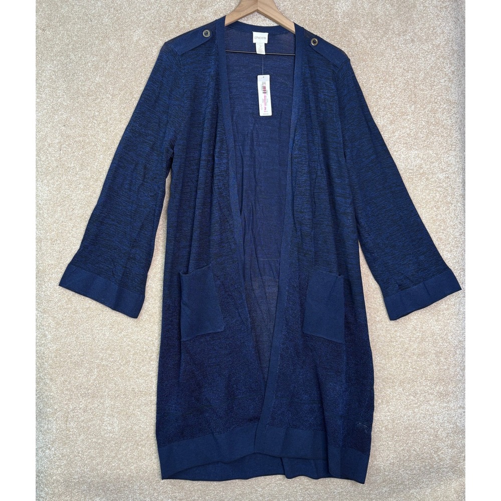 NWT CHICO'S Mix Stitch Cardigan Size 2 Women's Medium Blue Long Open Front - Picture 2 of 10